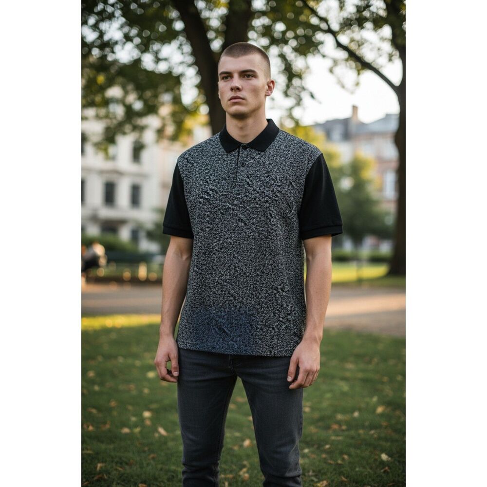 River Island Men's L Leopard Print Polo Shirt Black Short Sleeve Button Up